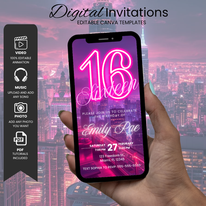 Neon Sixteen Birthday Invitation
