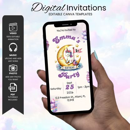Unicorn 1st Birthday Invitation