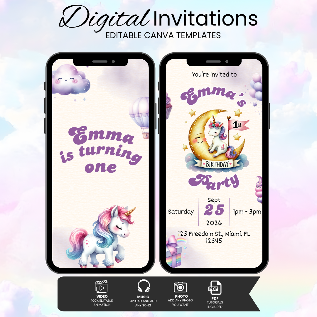 Unicorn 1st Birthday Invitation