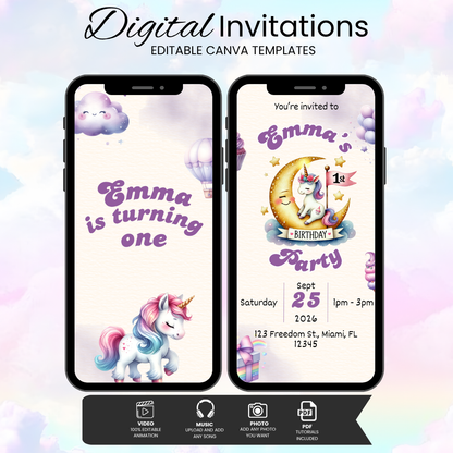 Unicorn 1st Birthday Invitation