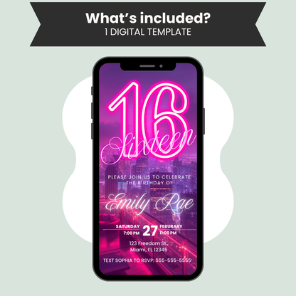 Neon Sixteen Birthday Invitation