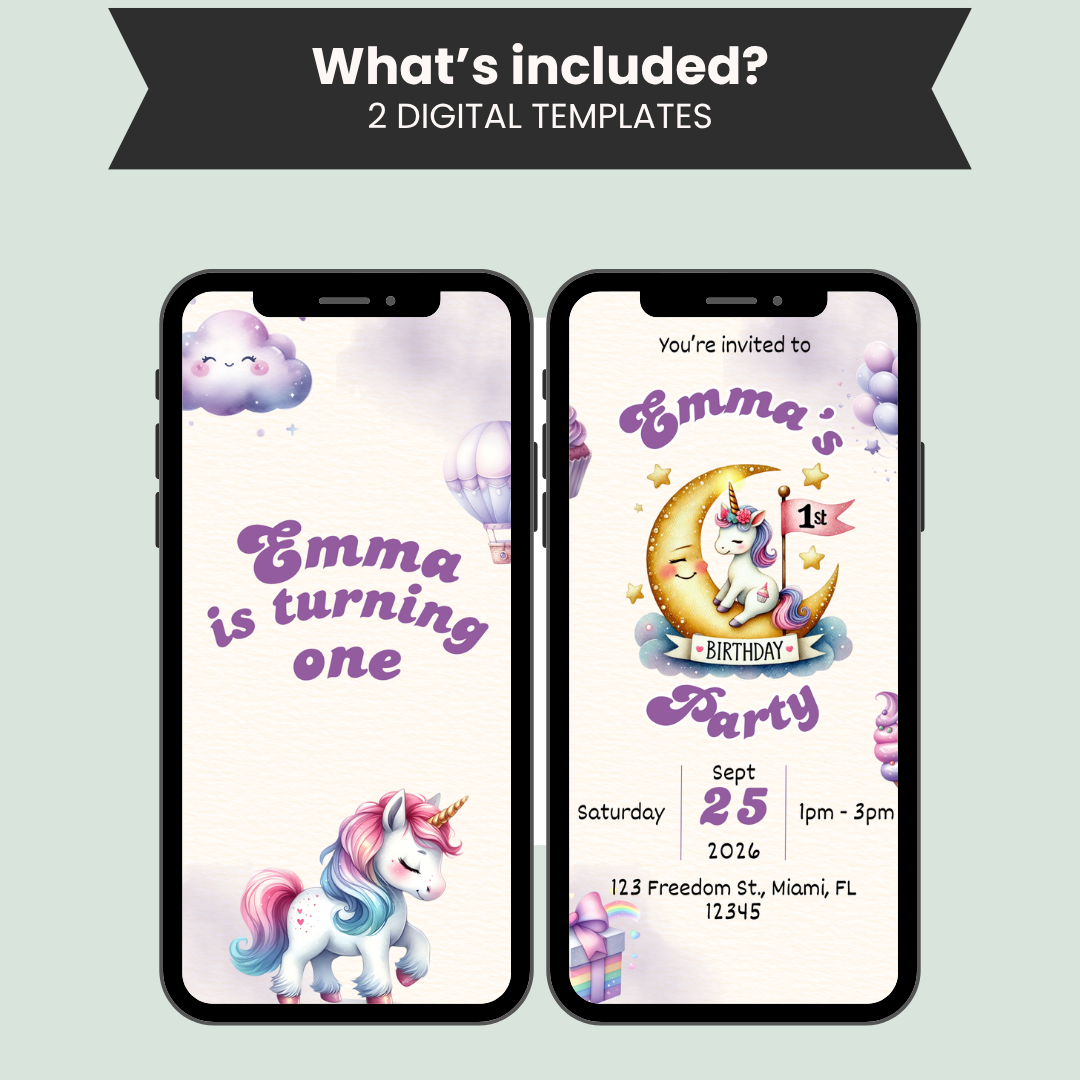 Unicorn 1st Birthday Invitation