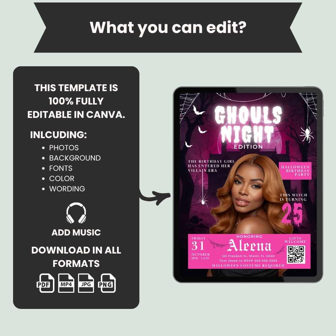 Halloween Birthday Invitation, Magazine Cover Style (Pink)