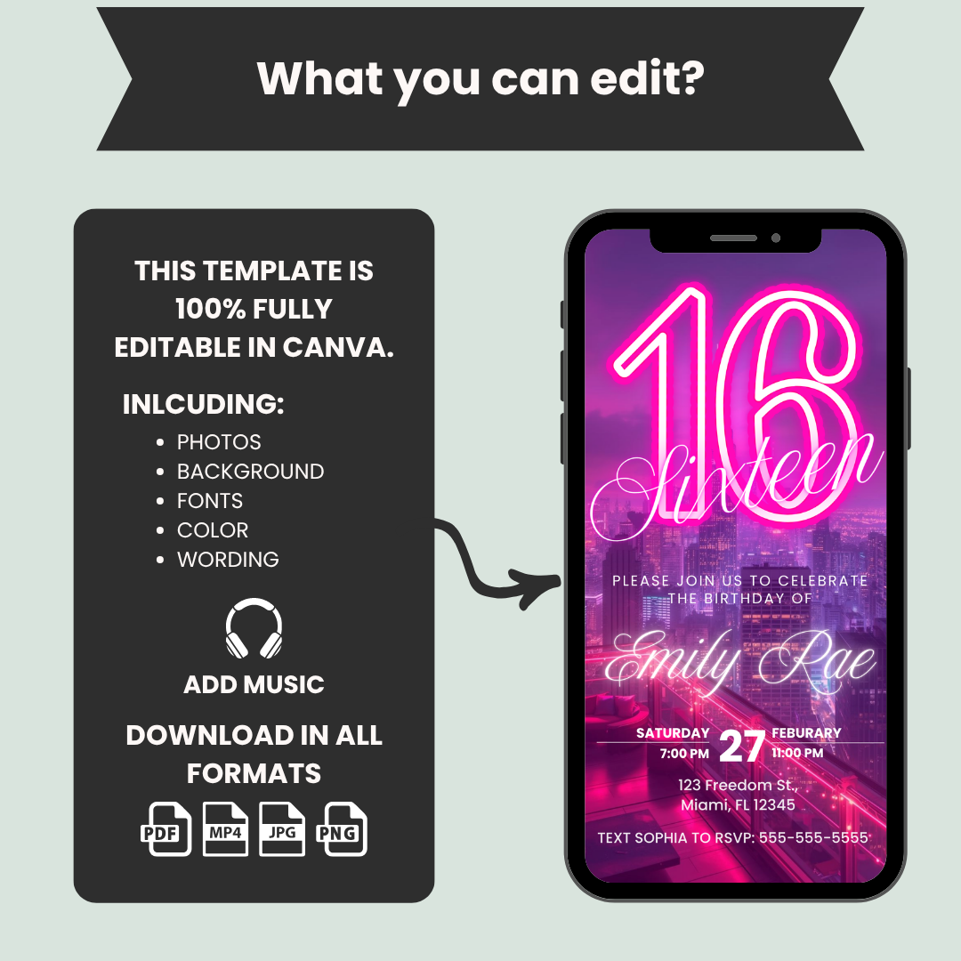 Neon Sixteen Birthday Invitation