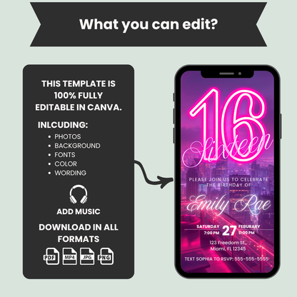 Neon Sixteen Birthday Invitation